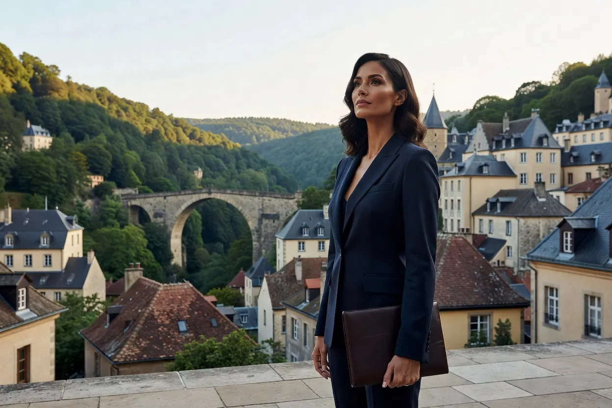 Une femme élégante en blazer marine sur une terrasse dominant la vieille ville de Luxembourg